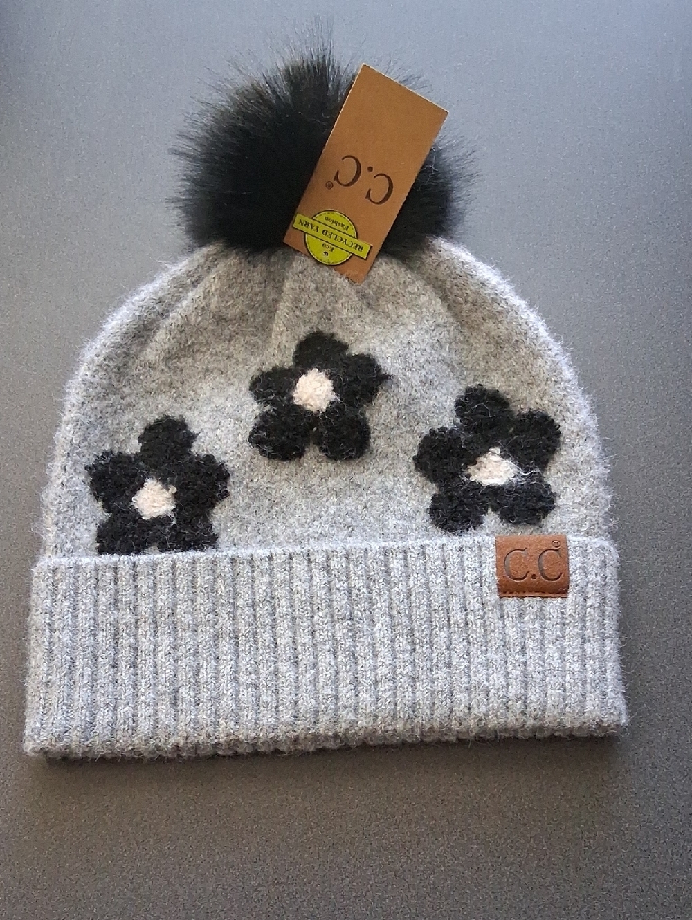 New* CC Pom Pom Beanie Gray Floral